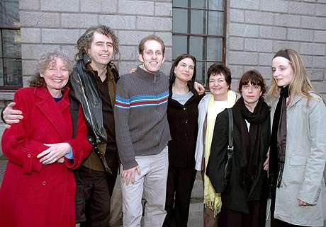 Pit Stop Ploughshares outside the Four Courts with Kathy Kelly and Mairead Corrigan Maguire, Nobel Peace Prize Laureate