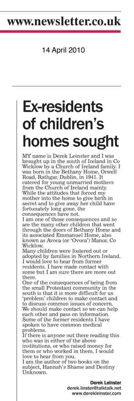 Derek Leinster seeks Northern ireland Bethany survivors (Newsletter 14 April 2010)