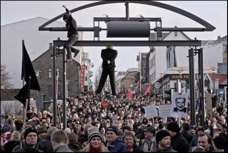 A Capitalist doll was hung at a recent protest in Iceland