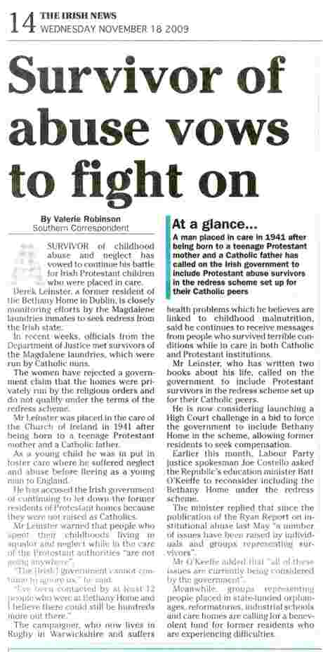 IRISH NEWS article on call to include Bethany Home within government's Institutional Redress Scheme