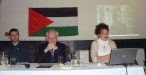 L-R: Dr David Landy (IPSC Chairperson), Dr. Hajo Meyer (IJAN), Sara Kershnar (IJAN) and Dr. Haidar Eid (via video from Gaza)