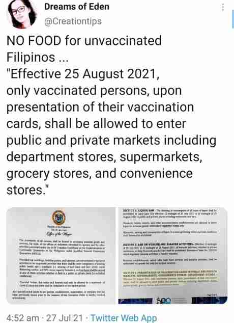 Filipinos to be starved into submission to take the vaccine