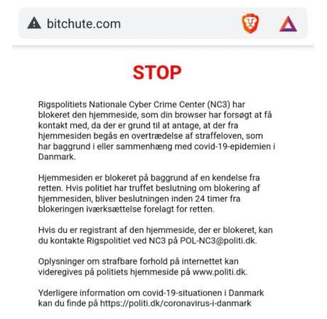 Danish notice appearing in browser when BitChute is accessed.
