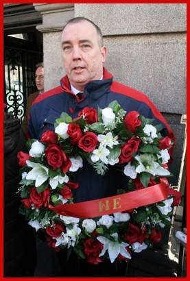 Tim Coffey who is campaigning for victims of gambling. The wreath is in memory of gambling addicts who committed suicide. Gamblepie are an unfunded organisation. For more info, email Tim Coffey at gamblepie.ie
