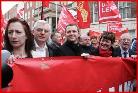 A new force of TDs in the Dil, from left: Clare Daly and Joe Higgins; Socialist Party/ULA - Richard Boyd Barrett and Joan Collins; People Before Profit/ ULA - Seamus Healy; Unemployed Workers Action Group