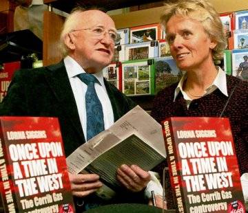 Michael D Higgins with journalist Lorna Siggins at the launch of her book about the Corrib saga 
