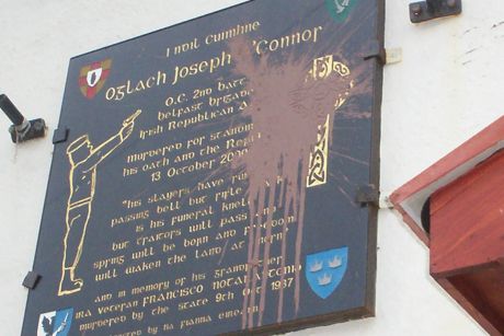 The memorial plaque following an attack by PSNI directed criminals