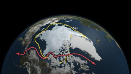 NASA satellite data reveals how this year's minimum sea ice extent, reached on Sept. 9 as depicted here, declined to a level far smaller than the 30-year average (in yellow) and opened up Northwest Passage shipping lanes (in red). Credit: NASA Goddard's S