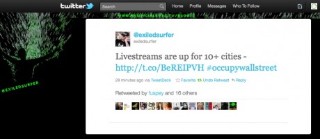 TWEET: Livestreams are up for 10+ cities - http://t.co/BeREIPVH #occupywallstreet