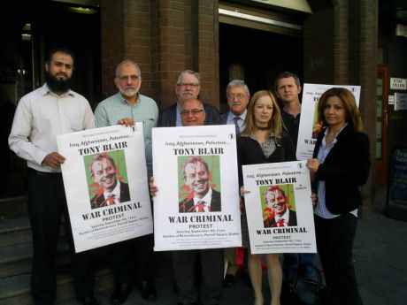 L-R: Muhummad Ali (Pakistan), Dr. Mudufar Al Twash (Iraq), Robert Ballagh (Artist), Sr Nouri Al Kaziz (Iraq), Roger Cole (PANA), Freda Hughes (IPSC), Richard Boyd Barrett (IAWM) & Claudia Saba (IAWM)