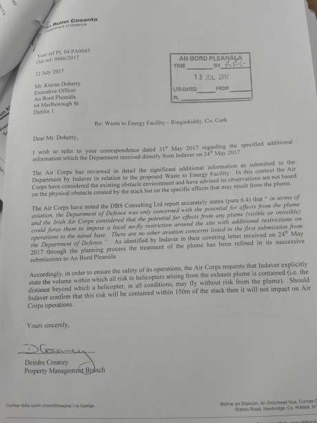 Letter submitted from the Department of Defence 